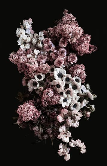 Spring flower print with pink lilac, white anemones, sweet peas and fritillaria on a black background