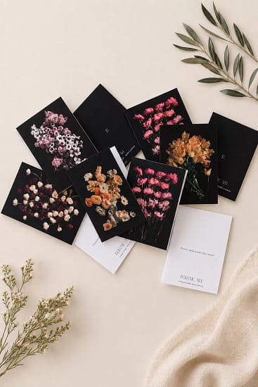 Floral Greeting Card Collection No. 1 flat lay — five floral photography designs including peonies, poppies, and tulips, styled with olive branches and dried flowers
