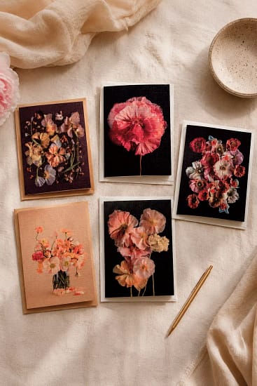 Flat lay of the complete Poppy Greeting Card Collection — five card designs with matching envelopes placed together